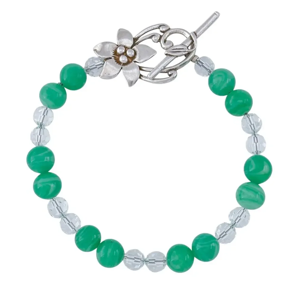 Vintage Sterling Silver 925 Green Glass Flower Bracelet 7.25